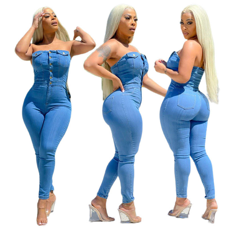 Tube Top Off-shoulder Slim Fit Denim Jumpsuit - S / Light Blue