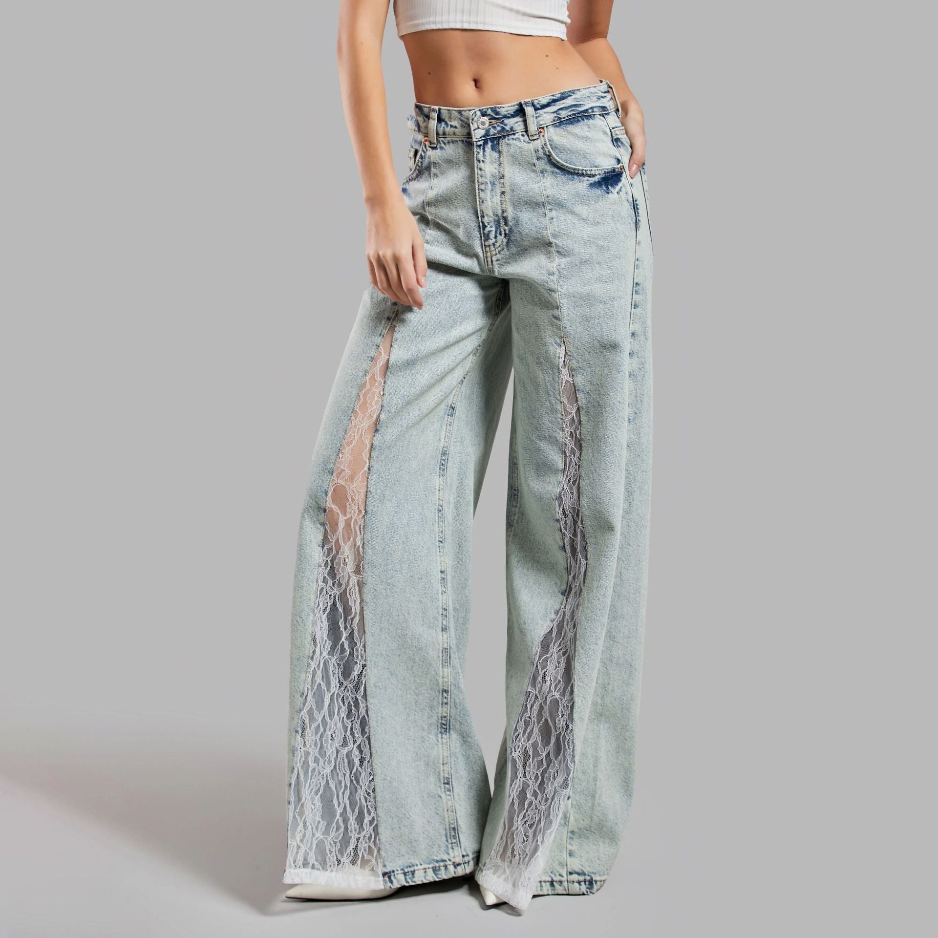 Street Lace Stitching Skinny Jeans - Zy4889 Light Blue / S