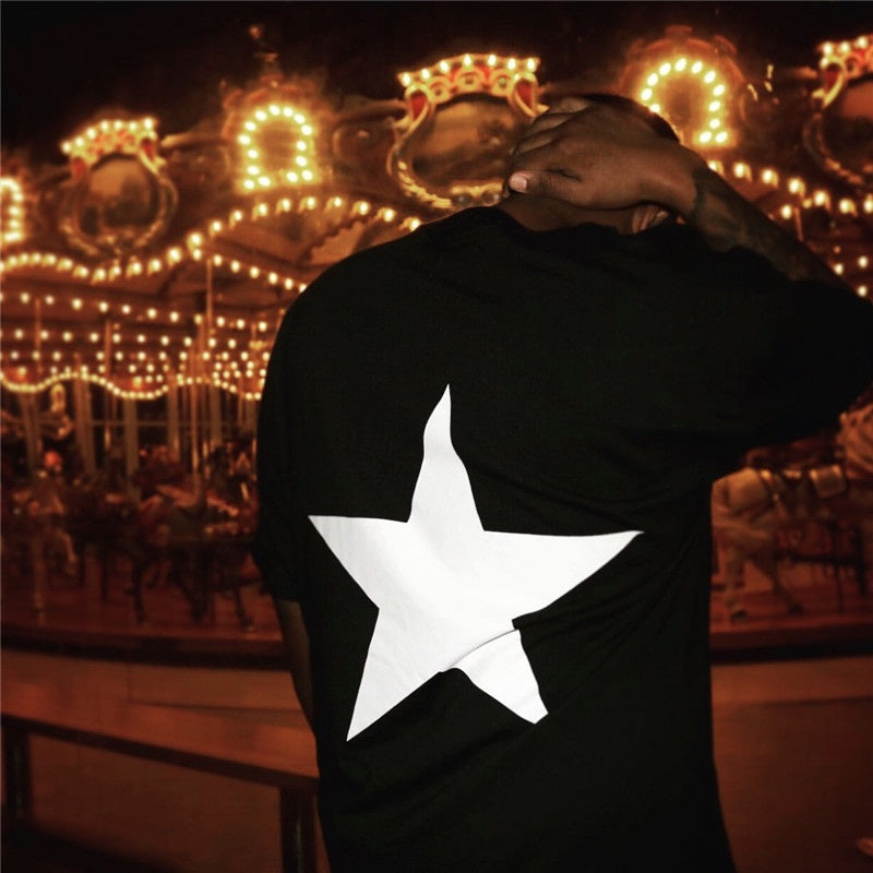 Five-pointed star double line T-shirt high street loose trend