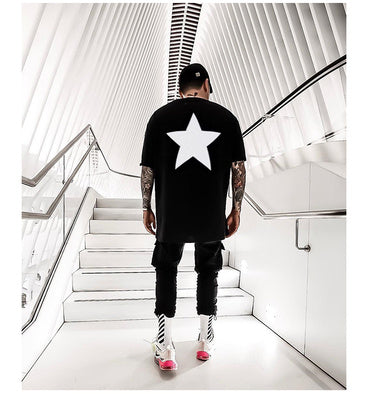 Five-pointed star double line T-shirt high street loose trend - Black / L
