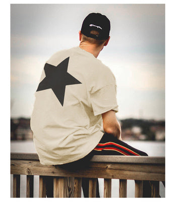 Five-pointed star double line T-shirt high street loose trend - White / M