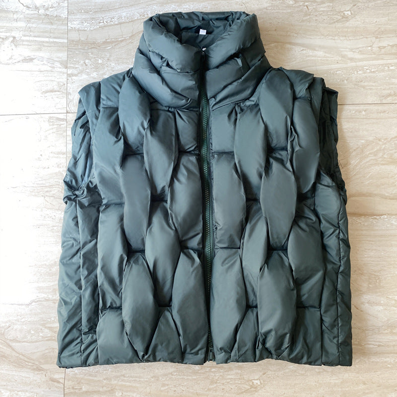 Fried Street Stand Collar Down Women’s Cotton Vest - Dark Green / S
