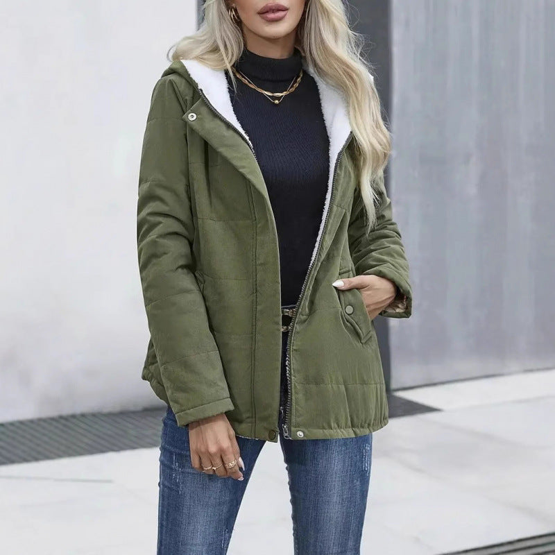 Fleece-lined Hooded Preppy Style Long Sleeve Cotton Coat - Army Green / S