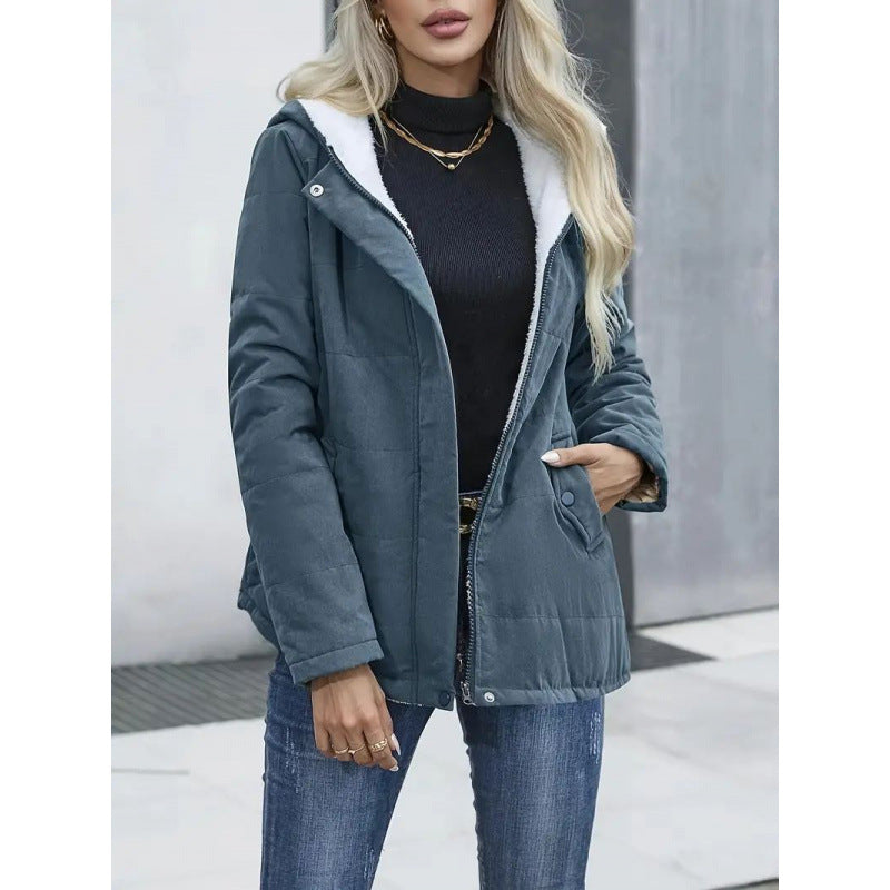 Fleece-lined Hooded Preppy Style Long Sleeve Cotton Coat - Denim Blue / S