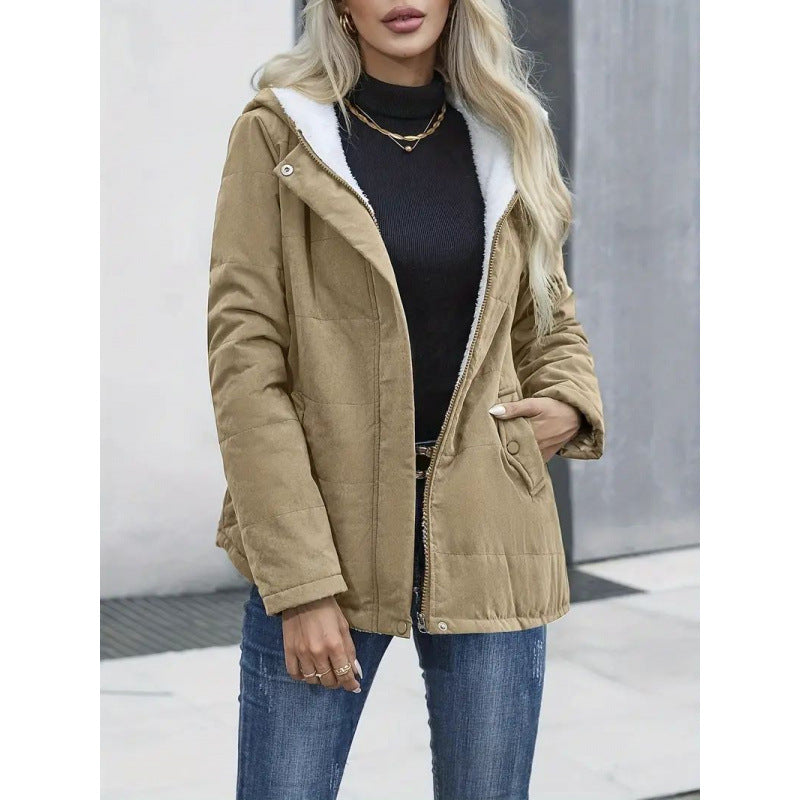 Fleece-lined Hooded Preppy Style Long Sleeve Cotton Coat - Khaki / S