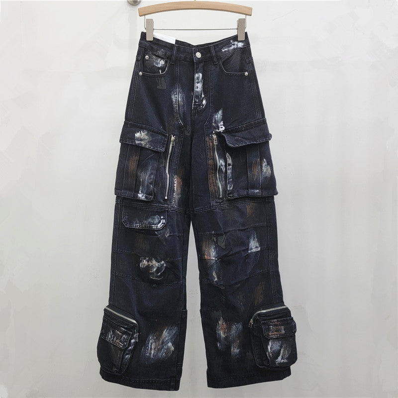 Street Style Design Graffiti Multi-pocket Blue Wide Leg Jeans - Black / S