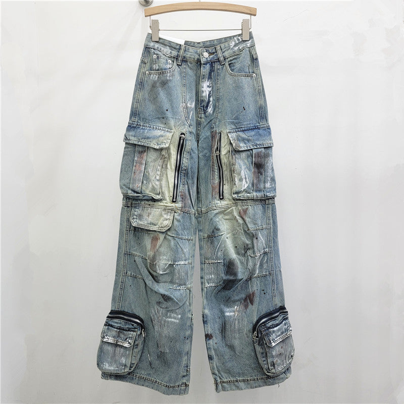 Street Style Design Graffiti Multi-pocket Blue Wide Leg Jeans - Blue / S