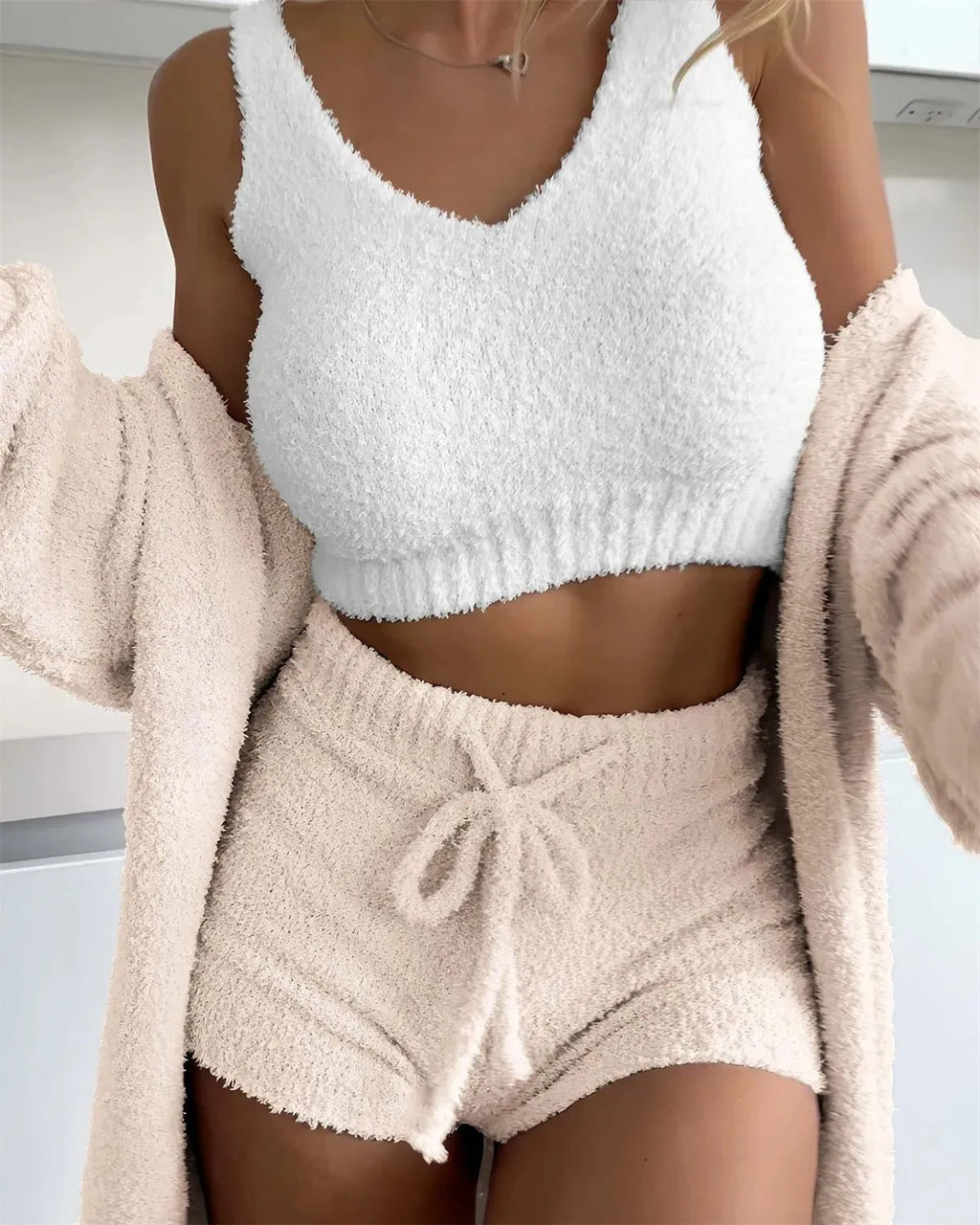 Thermal Three-piece Fluff Coat Spaghetti Strap Short Top Shorts Suit - Apricot / S