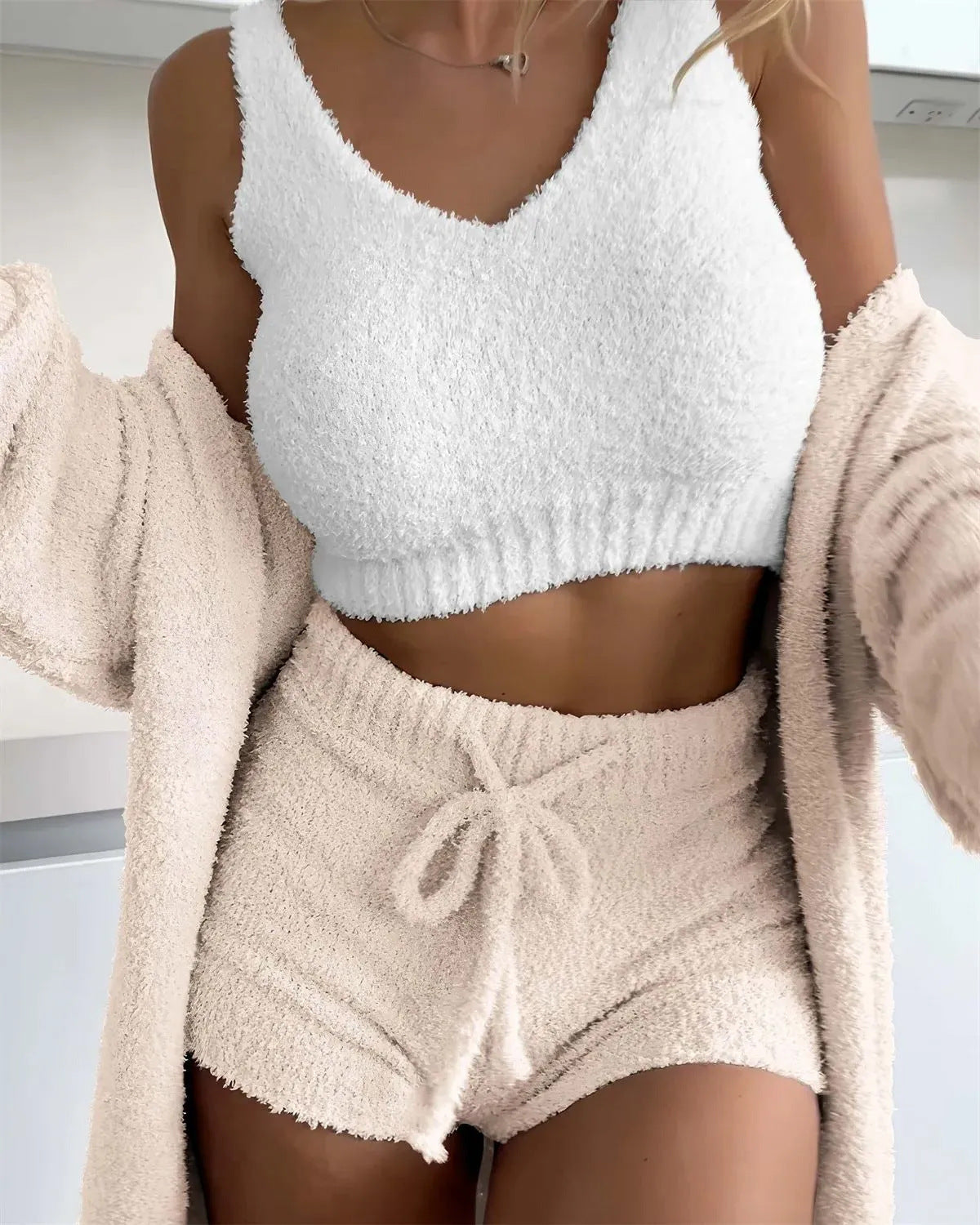 Thermal Three-piece Fluff Coat Spaghetti Strap Short Top Shorts Suit - Apricot / S