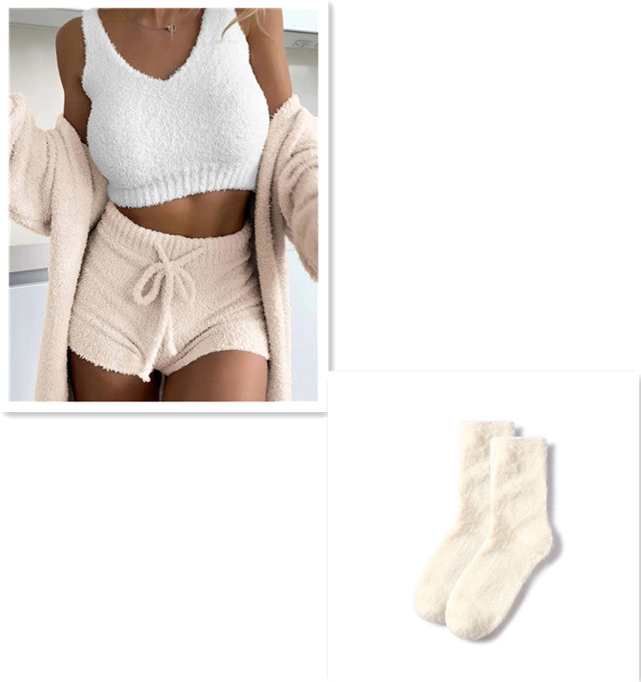 Thermal Three-piece Fluff Coat Spaghetti Strap Short Top Shorts Suit - Apricot set / L