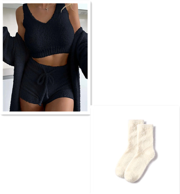 Thermal Three-piece Fluff Coat Spaghetti Strap Short Top Shorts Suit - Black set / L