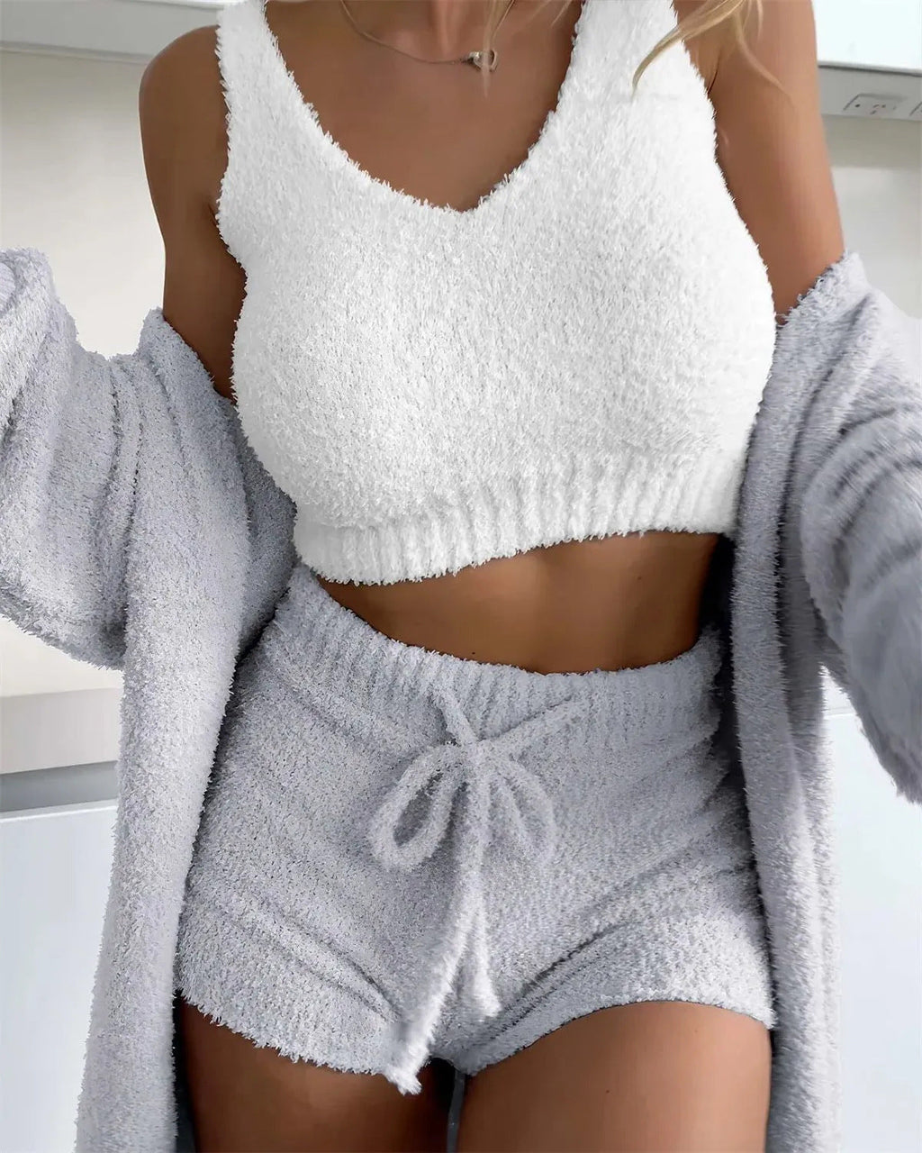 Thermal Three-piece Fluff Coat Spaghetti Strap Short Top Shorts Suit - Gray / S
