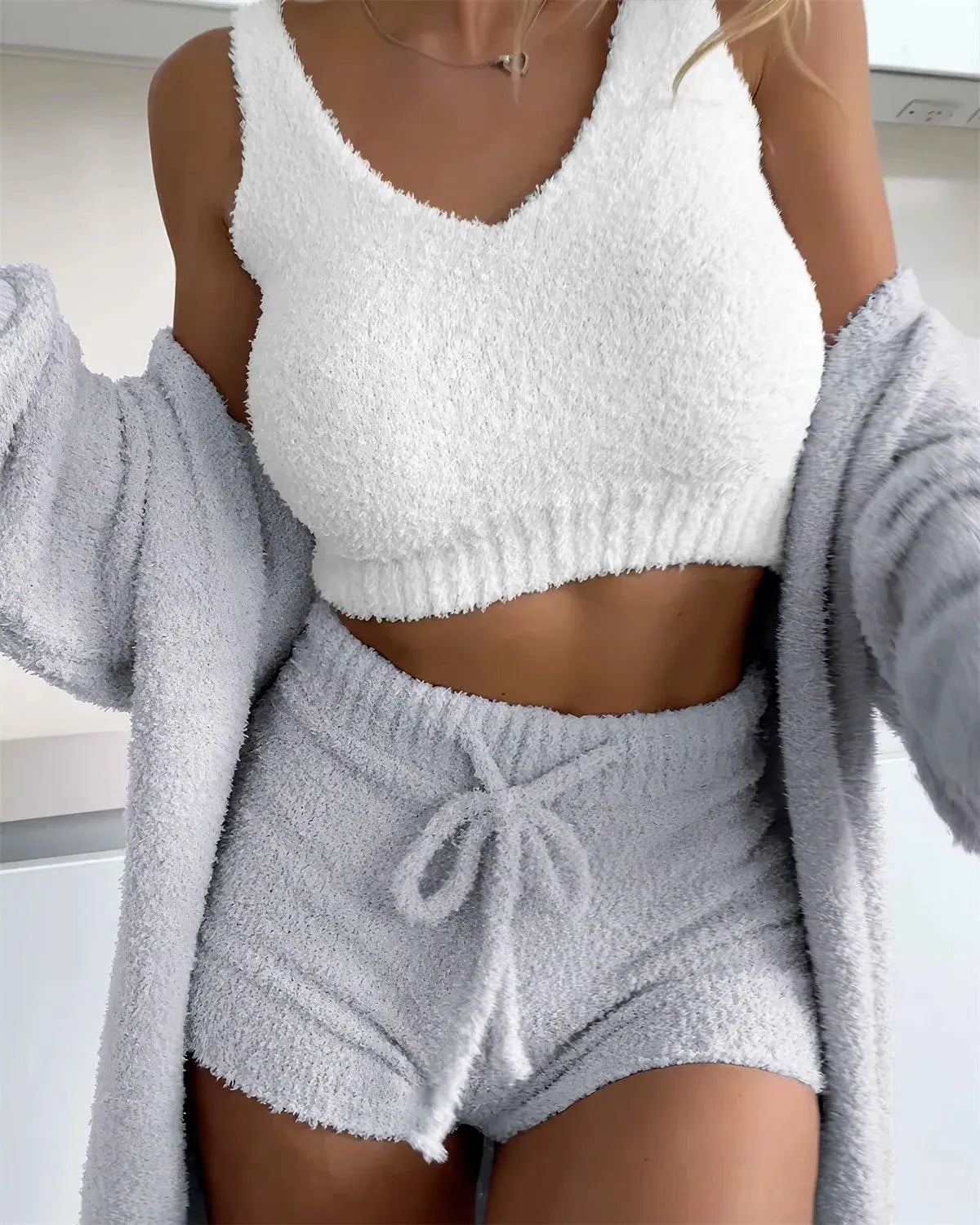Thermal Three-piece Fluff Coat Spaghetti Strap Short Top Shorts Suit - Gray / S