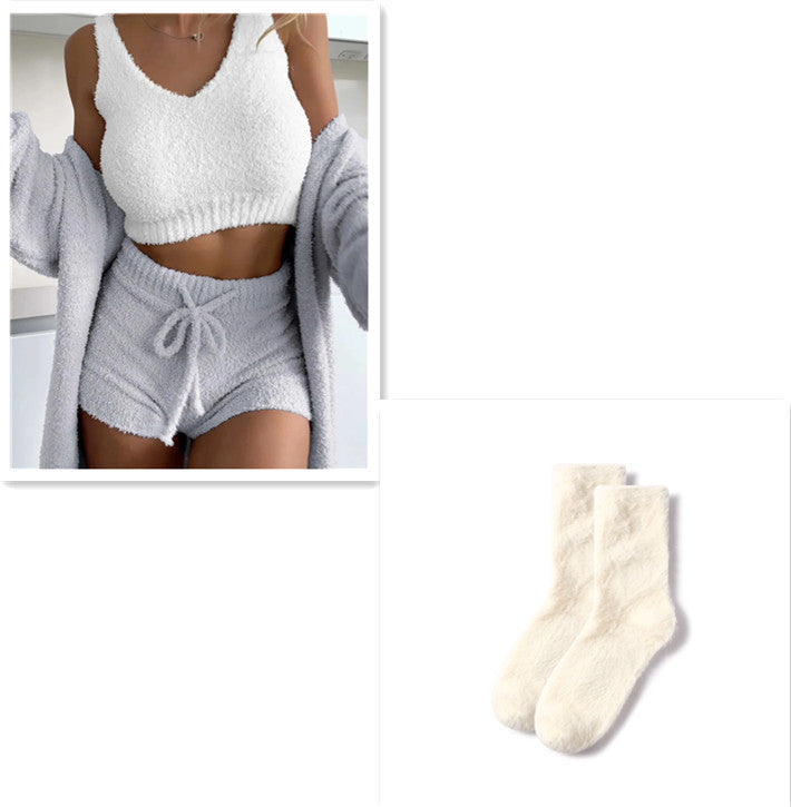 Thermal Three-piece Fluff Coat Spaghetti Strap Short Top Shorts Suit - Gray set / L