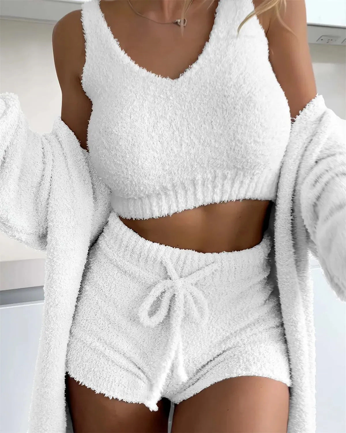 Thermal Three-piece Fluff Coat Spaghetti Strap Short Top Shorts Suit - White / S