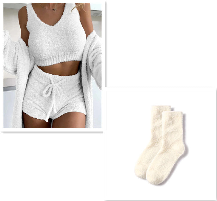 Thermal Three-piece Fluff Coat Spaghetti Strap Short Top Shorts Suit - White set / L