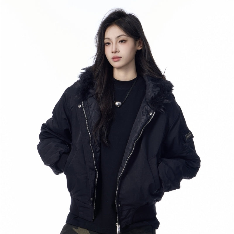 Solid Color Simple Fur Collar Jacket Women’s Retro Casual Thickening Short All-match Coat