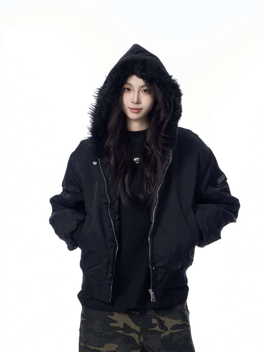 Solid Color Simple Fur Collar Jacket Women’s Retro Casual Thickening Short All-match Coat - Black / L