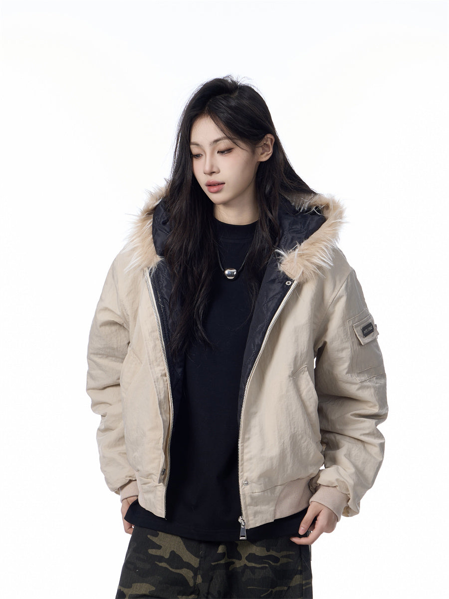 Solid Color Simple Fur Collar Jacket Women’s Retro Casual Thickening Short All-match Coat - khaki / L