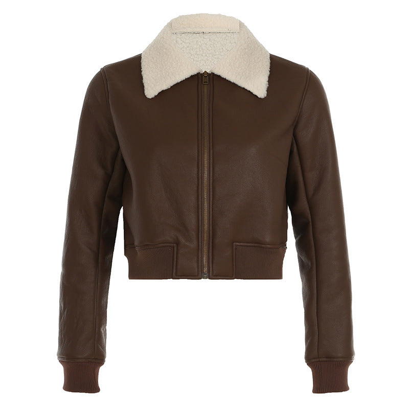 Solid Color Faux Leather Knitted Fur Lapel Zipper Basic Style Street Fashion - Brown / S