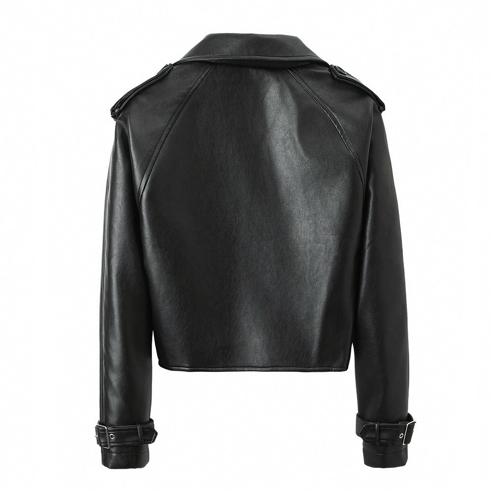 Women’s Solid Color Casual Loose Fit Leather Jacket