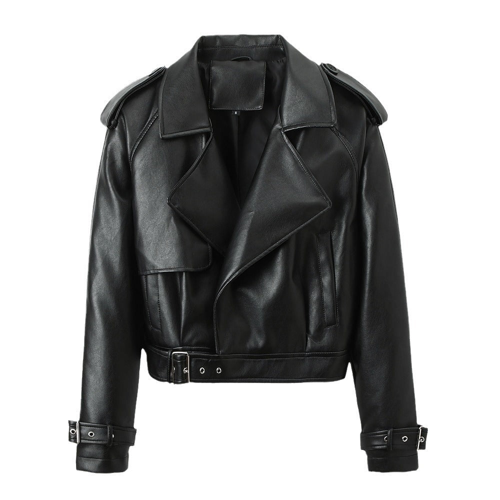 Women’s Solid Color Casual Loose Fit Leather Jacket