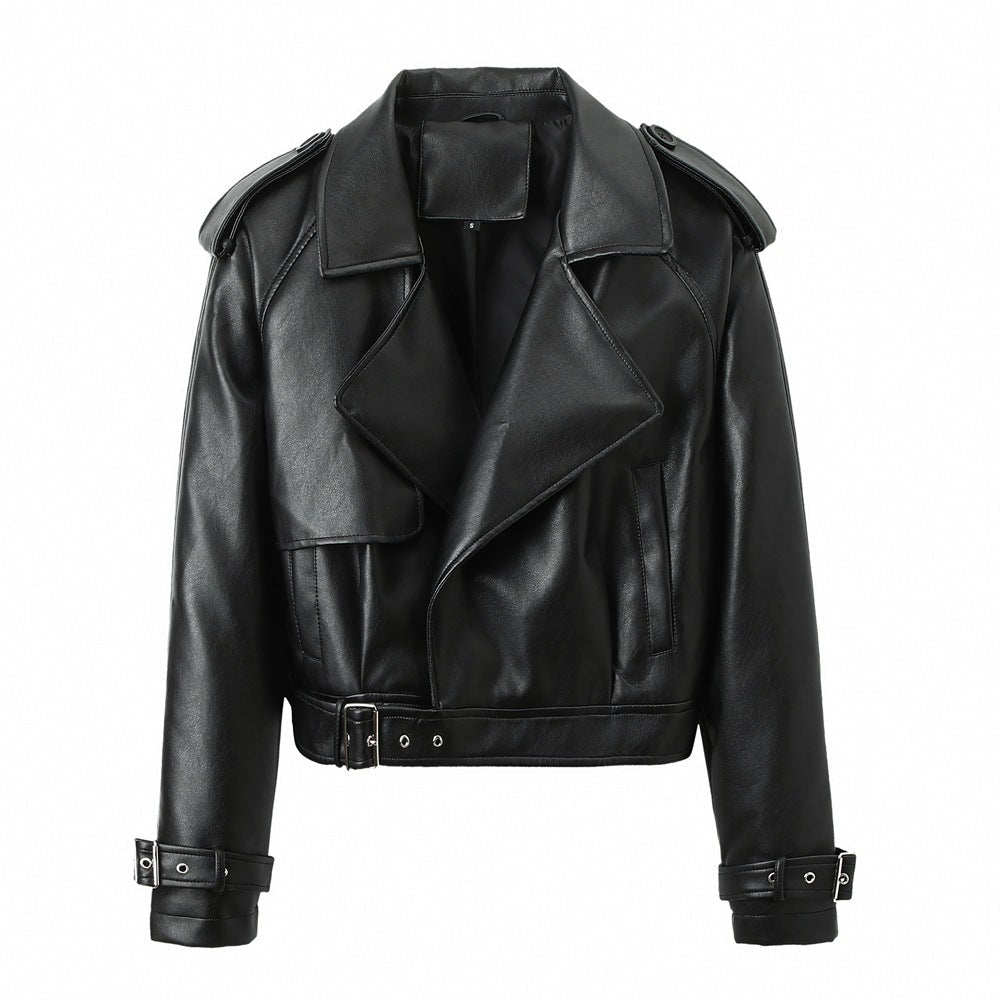 Women’s Solid Color Casual Loose Fit Leather Jacket - Black / S