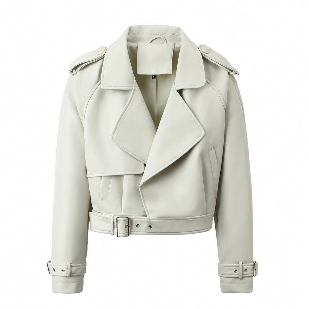 Women’s Solid Color Casual Loose Fit Leather Jacket - White / S