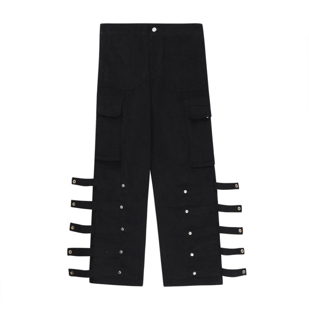 Men’s Big Pocket Workwear Personality Strap Wide Leg Pants - Black / S