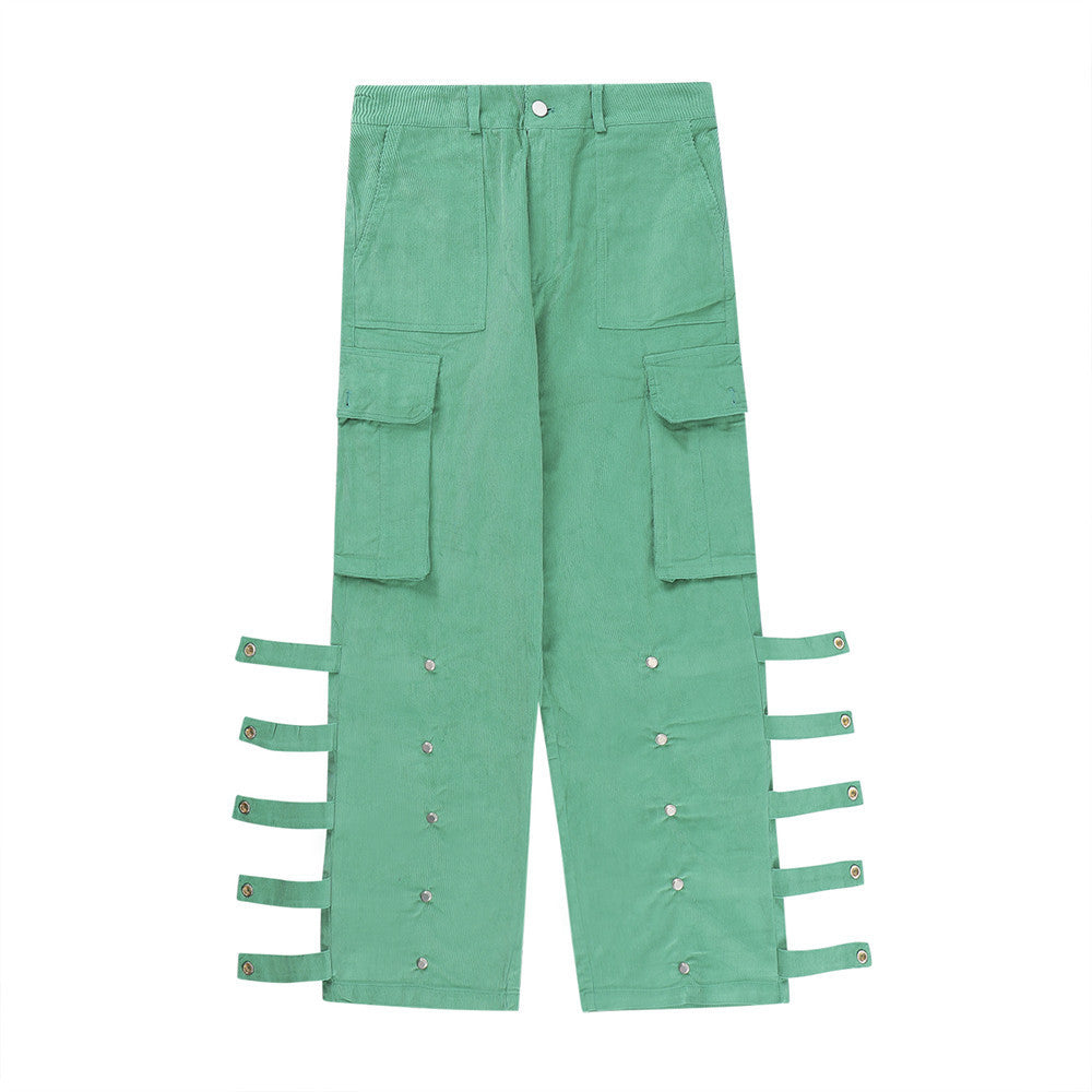 Men’s Big Pocket Workwear Personality Strap Wide Leg Pants - Green / S