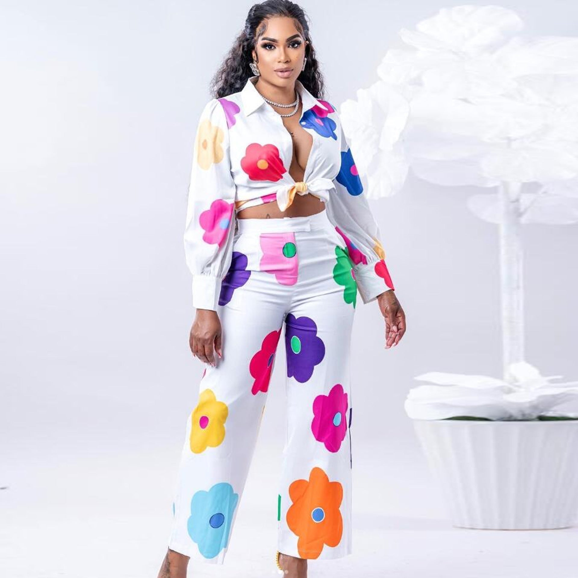 Women’s Fashion Color Printed Shirt Suit Two-piece Set