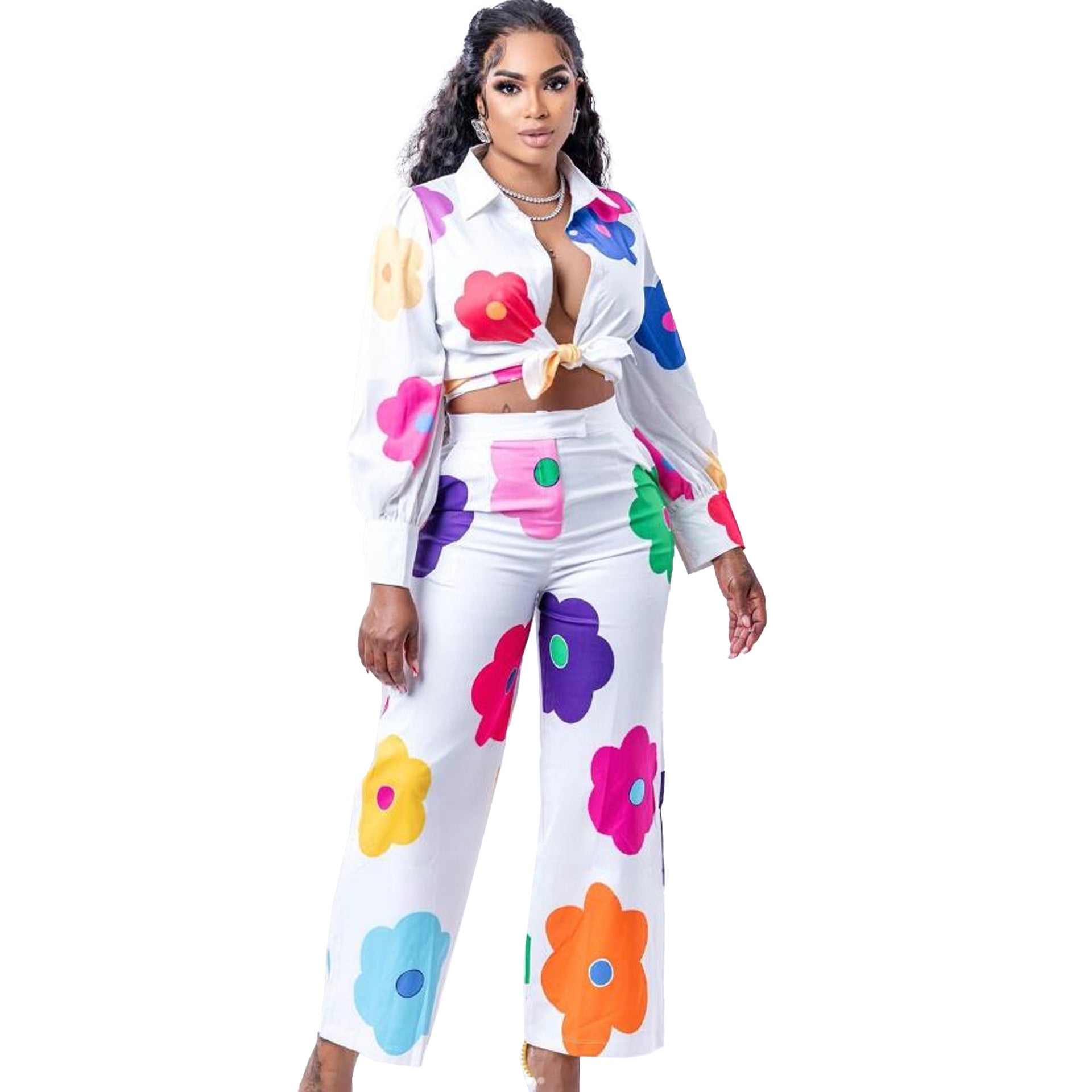 Women’s Fashion Color Printed Shirt Suit Two-piece Set