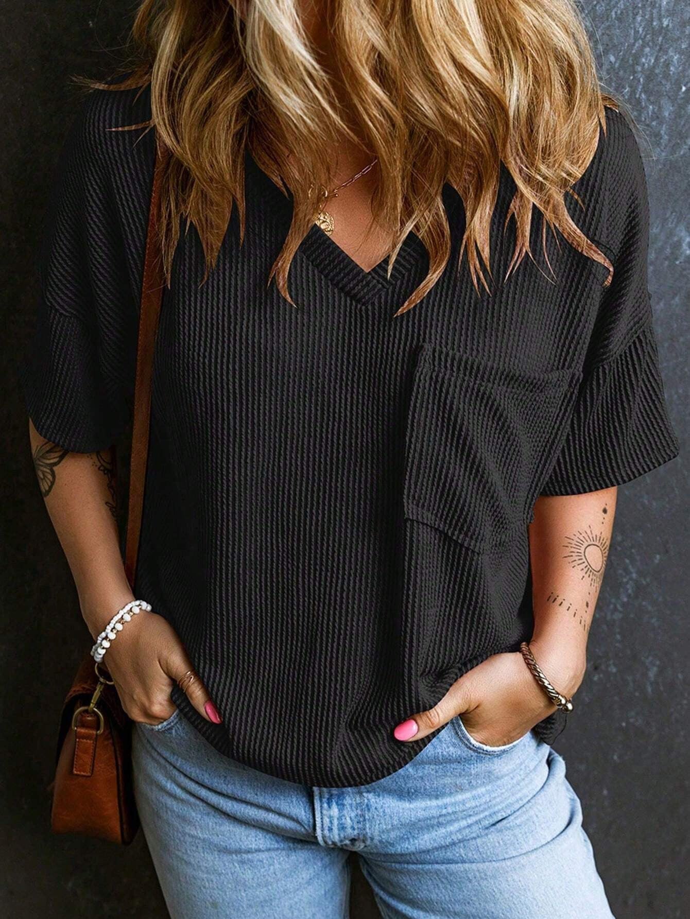 Fashionable Two-tone Pullover Short Sleeve V-neck Top For Women - Black / XS