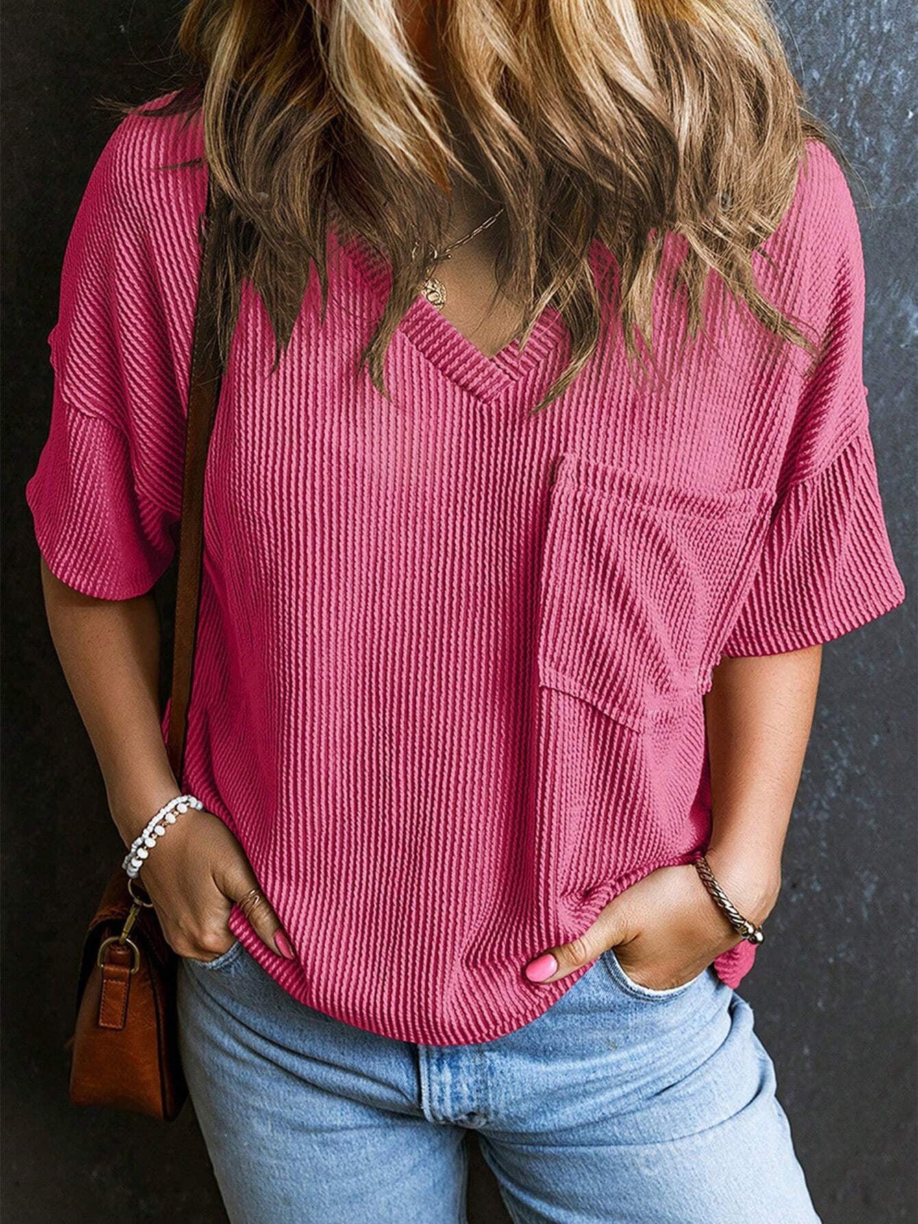 Fashionable Two-tone Pullover Short Sleeve V-neck Top For Women - Rose Red / XS
