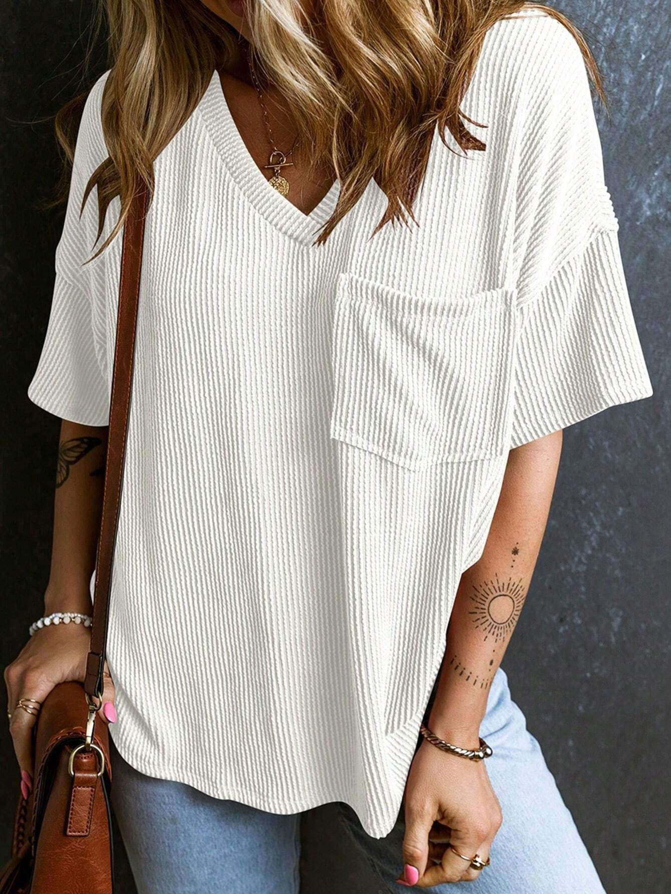 Fashionable Two-tone Pullover Short Sleeve V-neck Top For Women - White / XS
