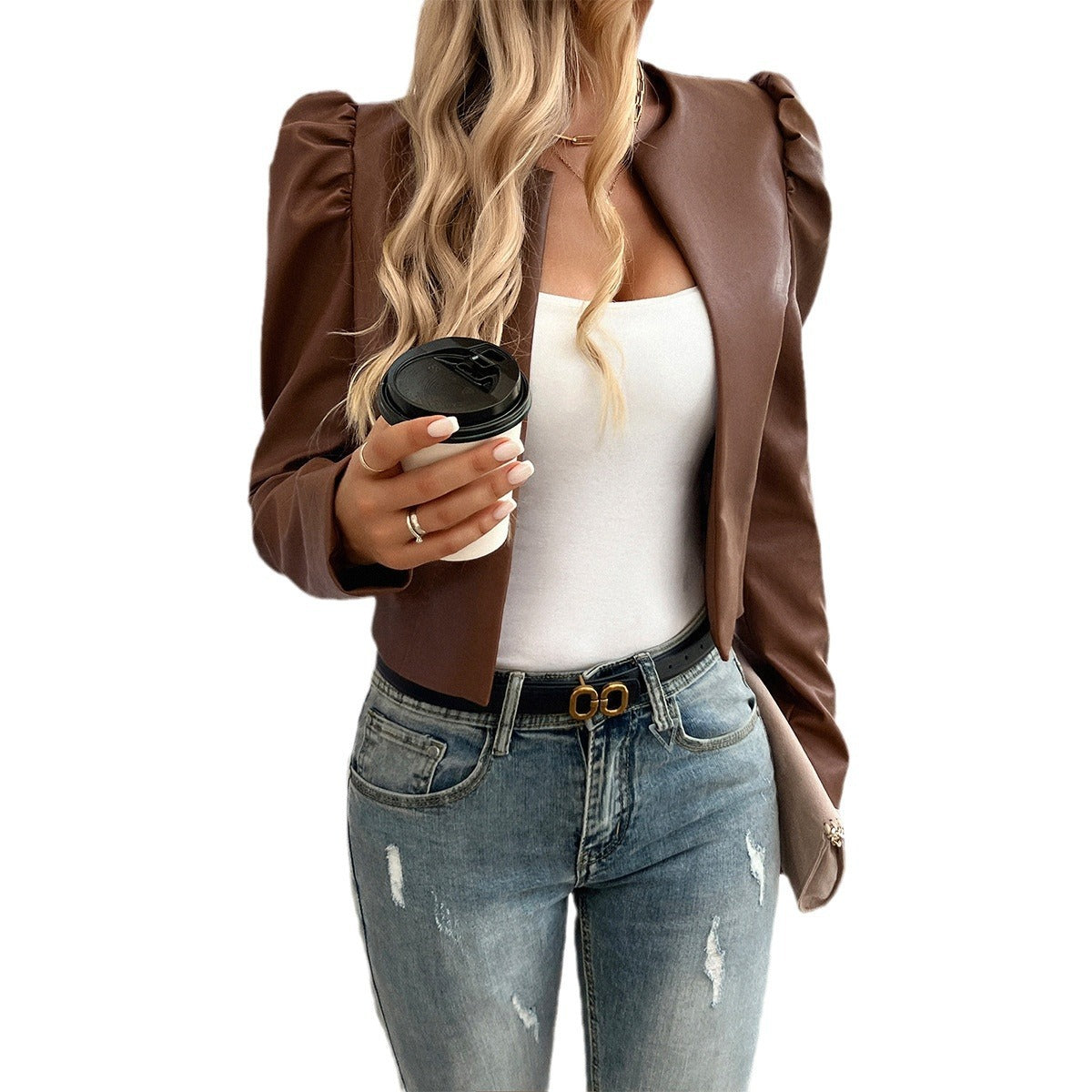Jacket Women’s Temperament Leisure Cardigan Solid Color Leather Coat