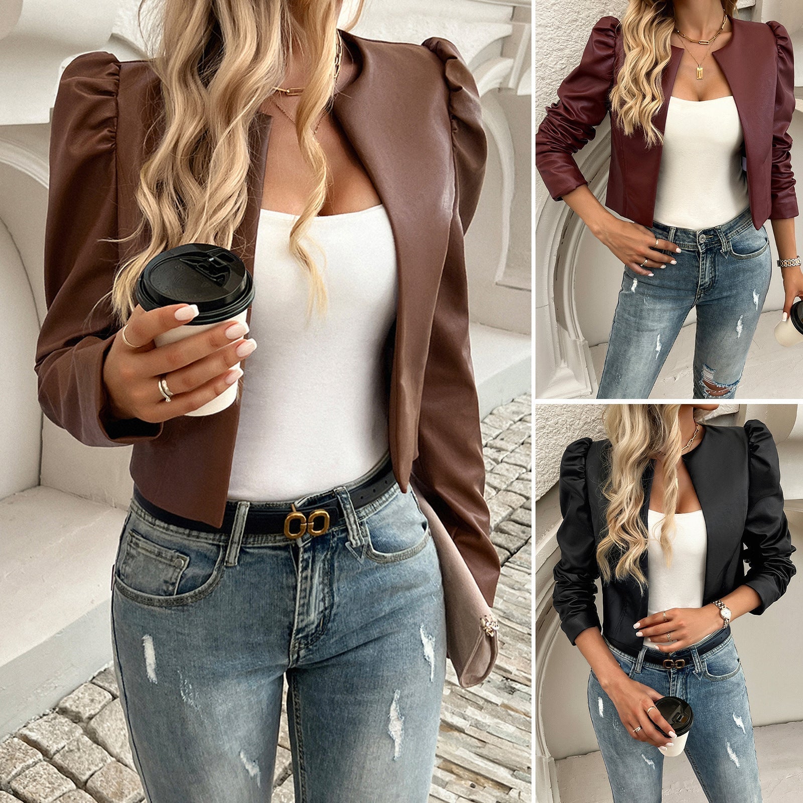 Jacket Women’s Temperament Leisure Cardigan Solid Color Leather Coat