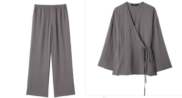 Texture Double Breasted Kimono Style Outerwear Pants - Grey / M / Suit