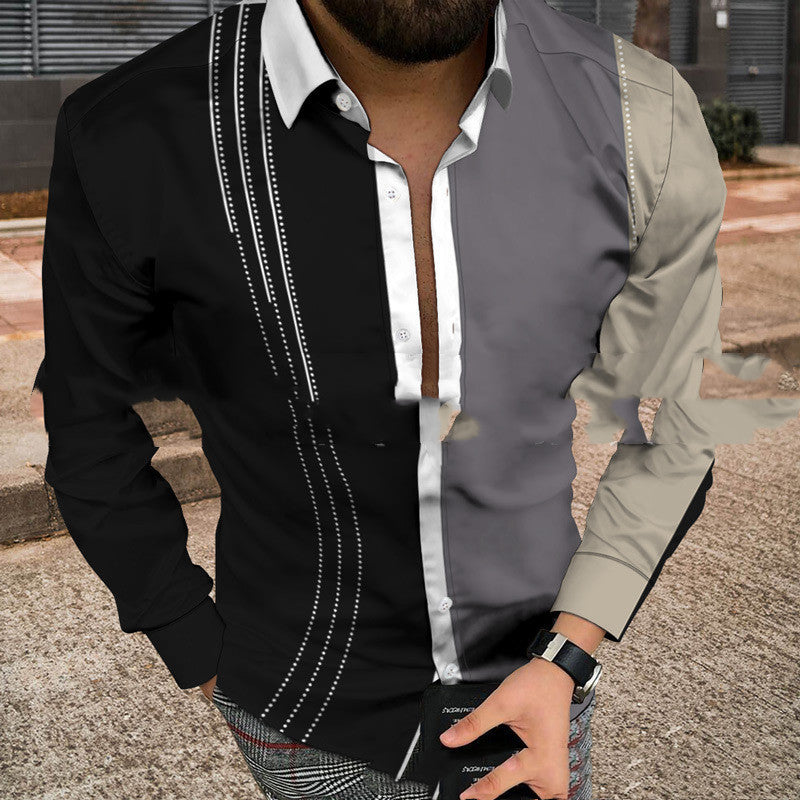 Men’s Casual Simple Striped 3D Printed Shirt Long-sleeved Bottoming Shirt