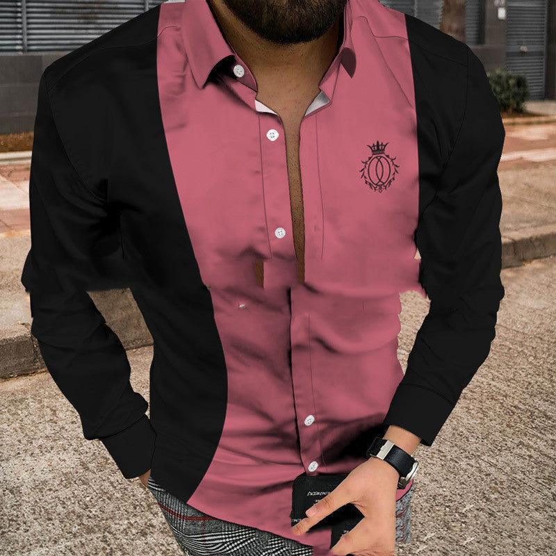 Men’s Casual Simple Striped 3D Printed Shirt Long-sleeved Bottoming Shirt