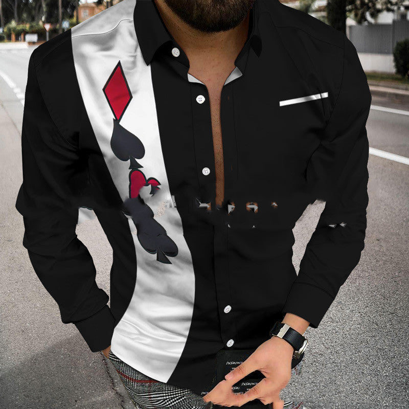 Men’s Casual Simple Striped 3D Printed Shirt Long-sleeved Bottoming Shirt