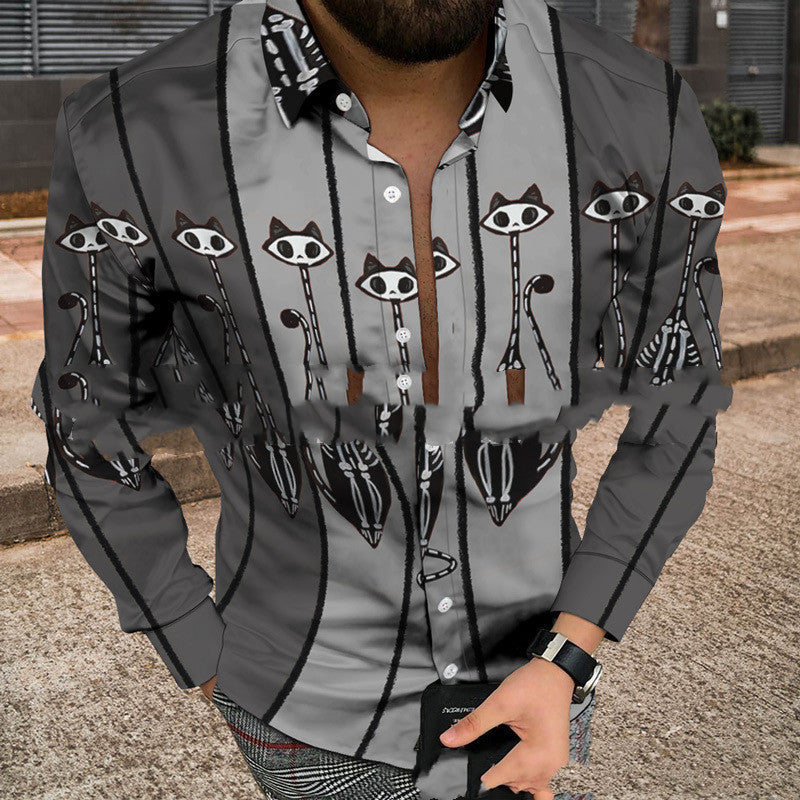Men’s Casual Simple Striped 3D Printed Shirt Long-sleeved Bottoming Shirt