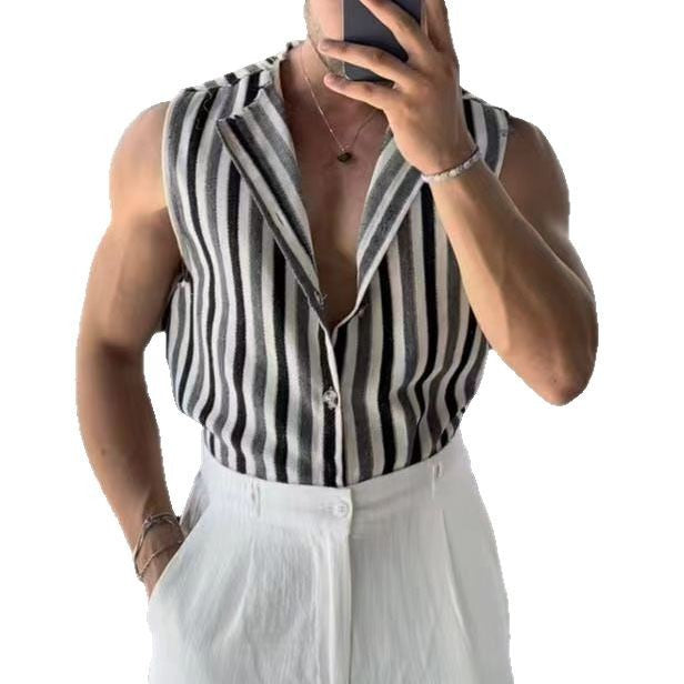 Men’s Black And Gray Striped Sleeveless Lapel Shirt