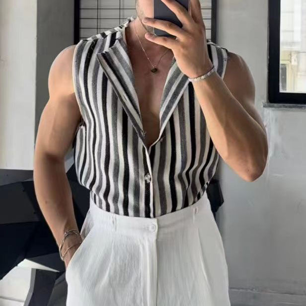 Men’s Black And Gray Striped Sleeveless Lapel Shirt - Black / S