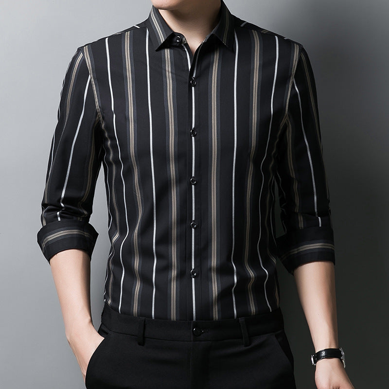 Striped Casual Black Thin Men’s Long-sleeved Shirt - Camel / M