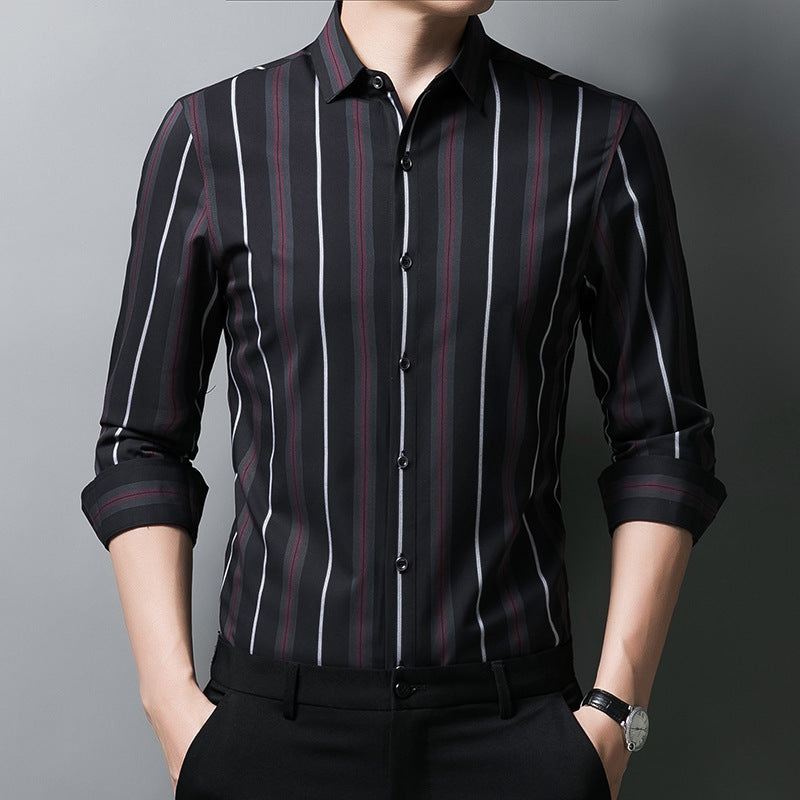 Striped Casual Black Thin Men’s Long-sleeved Shirt - Wine red / M