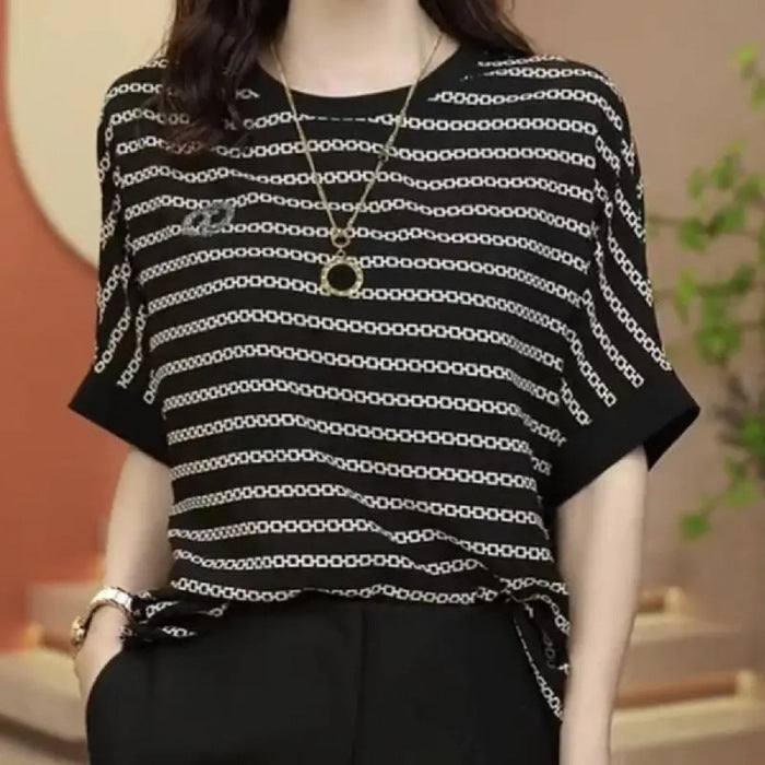 Loose Short-sleeved T-shirt For Women High-end Versatile Outerwear Shirt - Striped Pattern / M