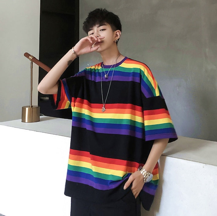 Striped contrast short-sleeved T-shirt - Black / M