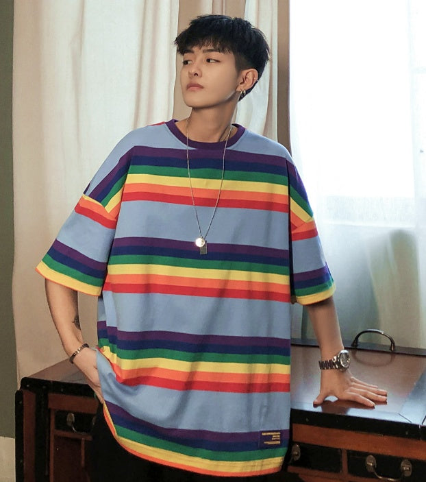 Striped contrast short-sleeved T-shirt - Blue / L