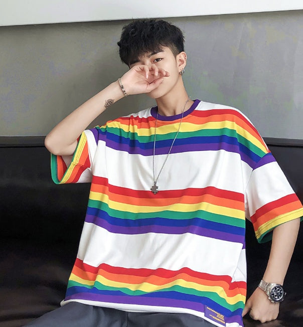 Striped contrast short-sleeved T-shirt - White / XL